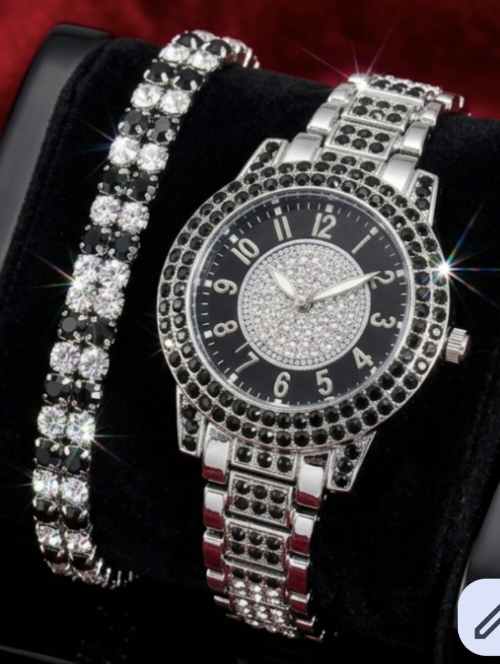 Black Crystal Bracelet Watch Set